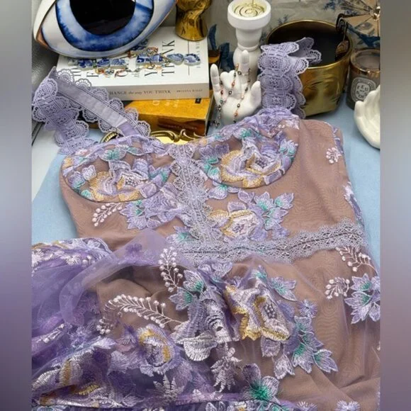 🆕 BRONX & BANCO 🧿 NWOT Eva Embroidered High-Low Midi Dress, Purple Sz M US 6 - Picture 13 of 16